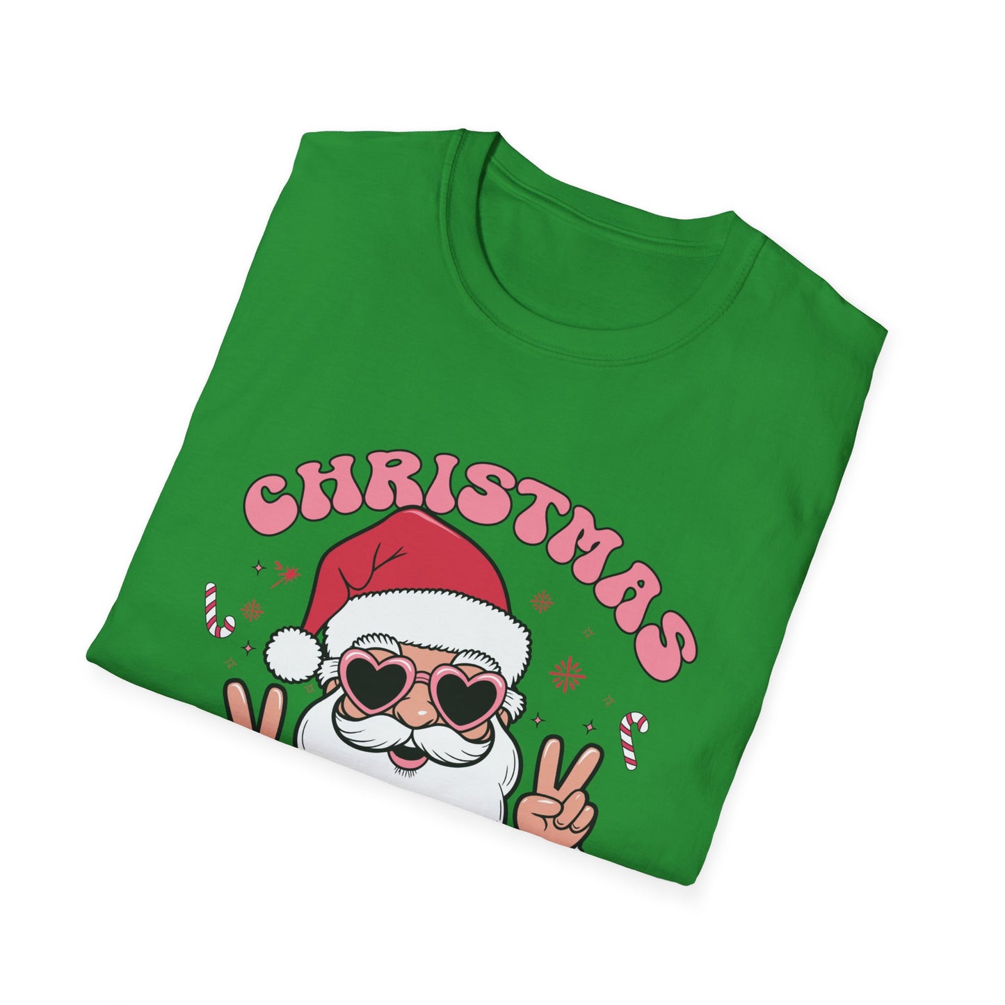 "Christmas Vibes"  Smiling Santa Holiday Unisex T-Shirt.  Cool(Tan)Santa Wearing His Shades And Sharing A "Peace Sign".
