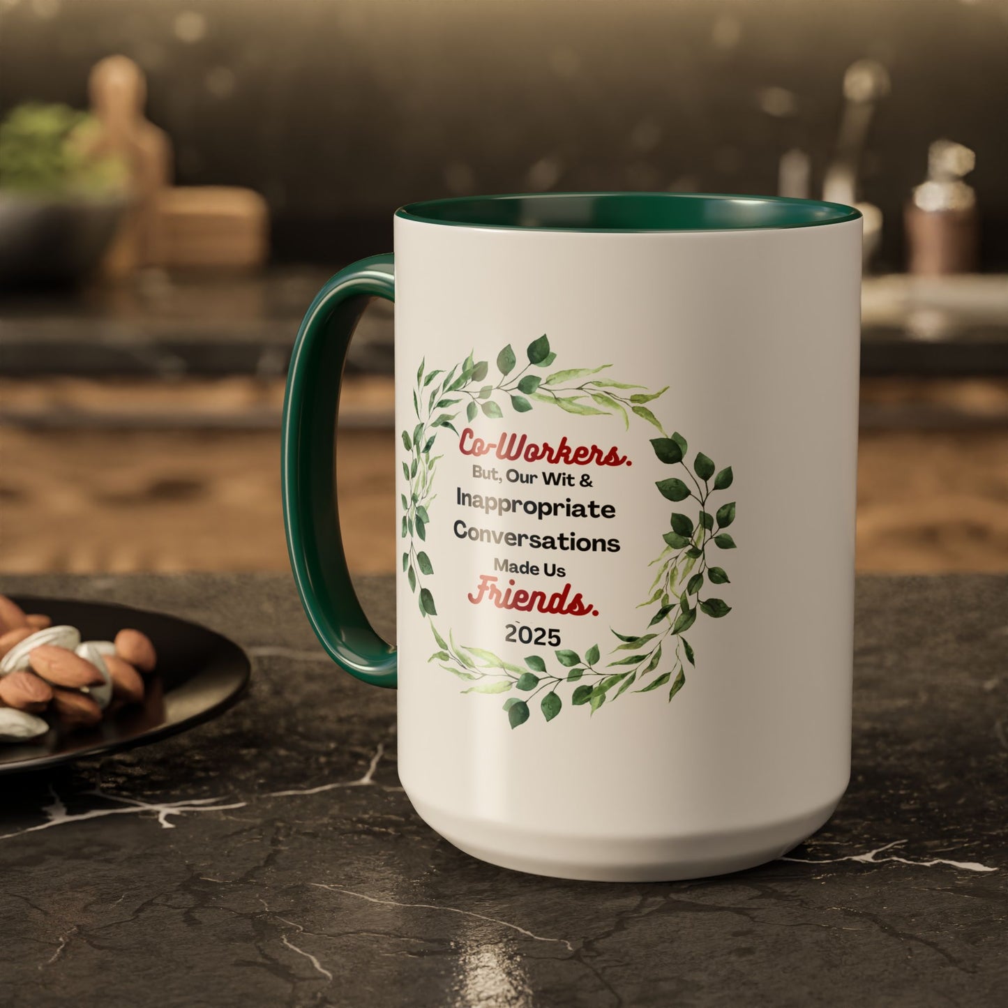 "Coworkers And Friends 2025", White Ceramic Mug with Colorful Accents,  A Great Office Gift To Commemorate 2025