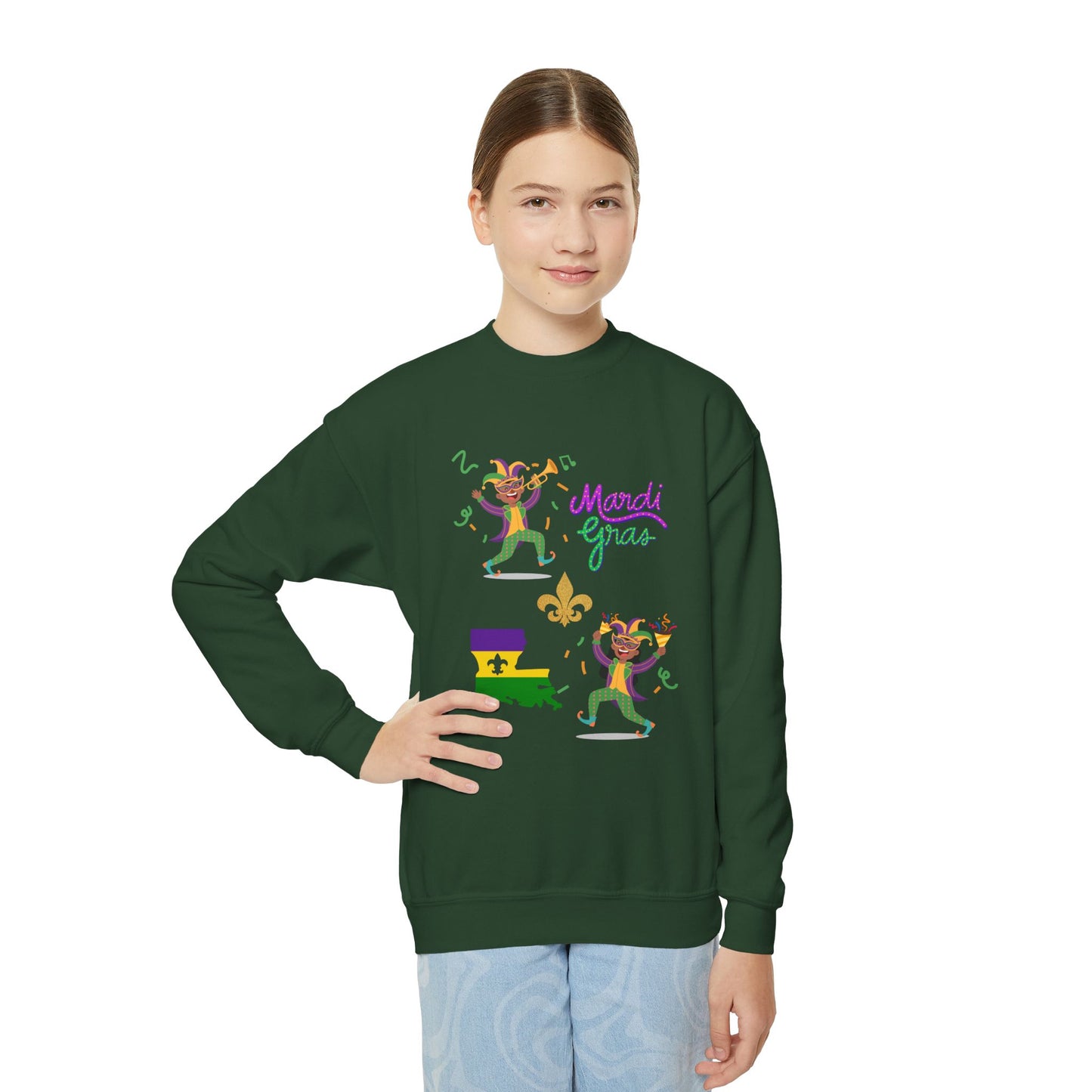 "Mardi Gras Kids" Youth Crewneck Sweatshirt — Colorful Beads, Jester Costumes & The State Of Louisiana all in Classic Mardi Gras Colors - Ready For The Parades!