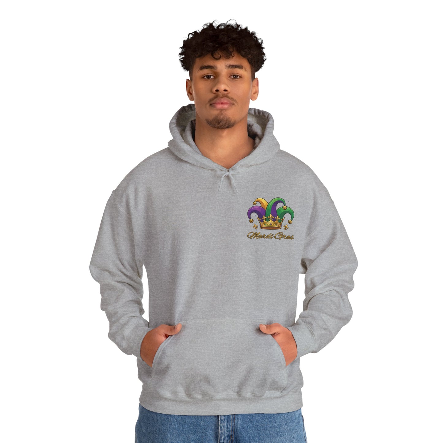 "Mardi Gras Jester Crown" Unisex Pullover Hoodie.  Festive Colorful Front Chest & Bold Back Designs Make This THE Hoodie Of Carnival Season!