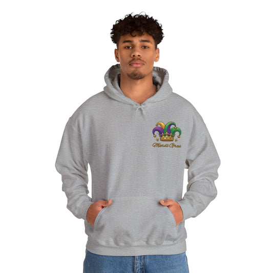 "Mardi Gras Jester Crown" Unisex Pullover Hoodie.  Festive Colorful Front Chest & Bold Back Designs Make This THE Hoodie Of Carnival Season!