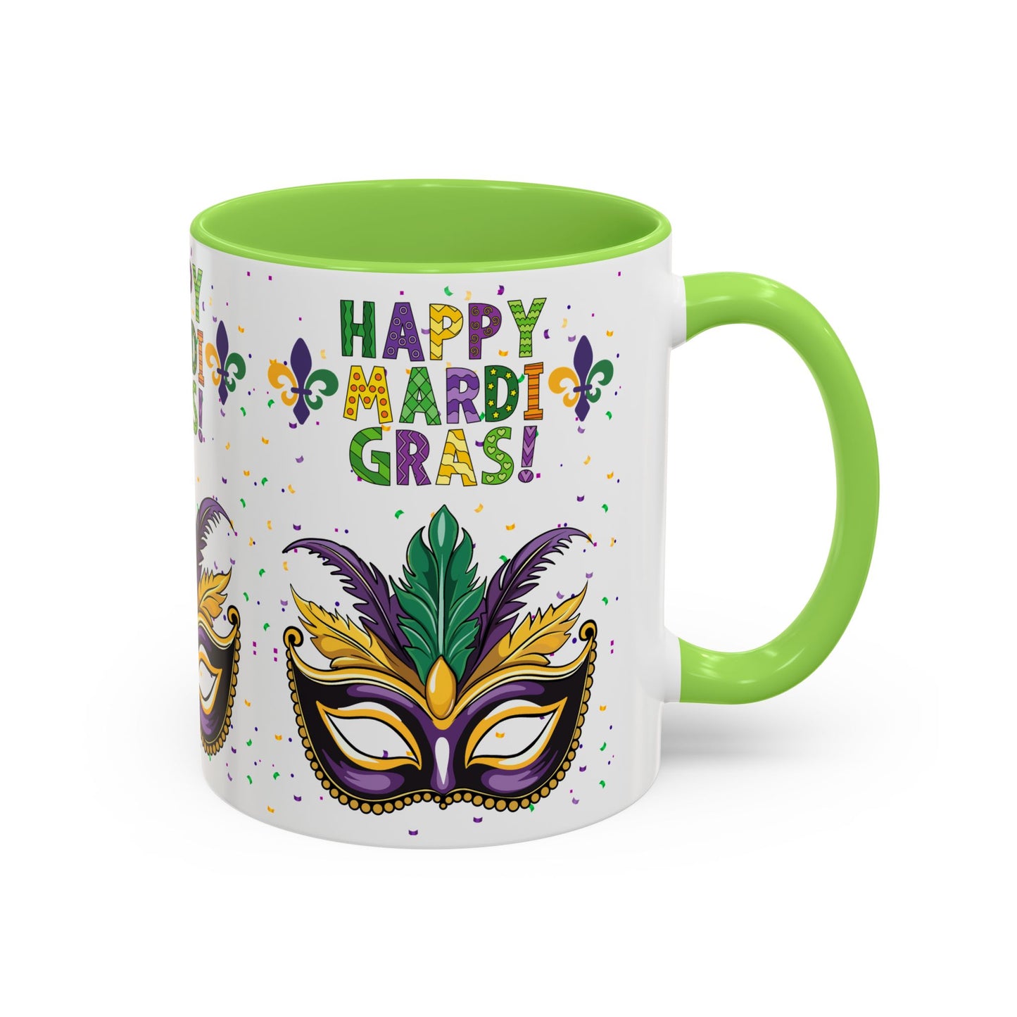 "Happy Mardi Gras Mask" White Ceramic 11oz Mugs With Colorful Accents.  Enjoy The Carnival Season Every time You Use This Mug.
