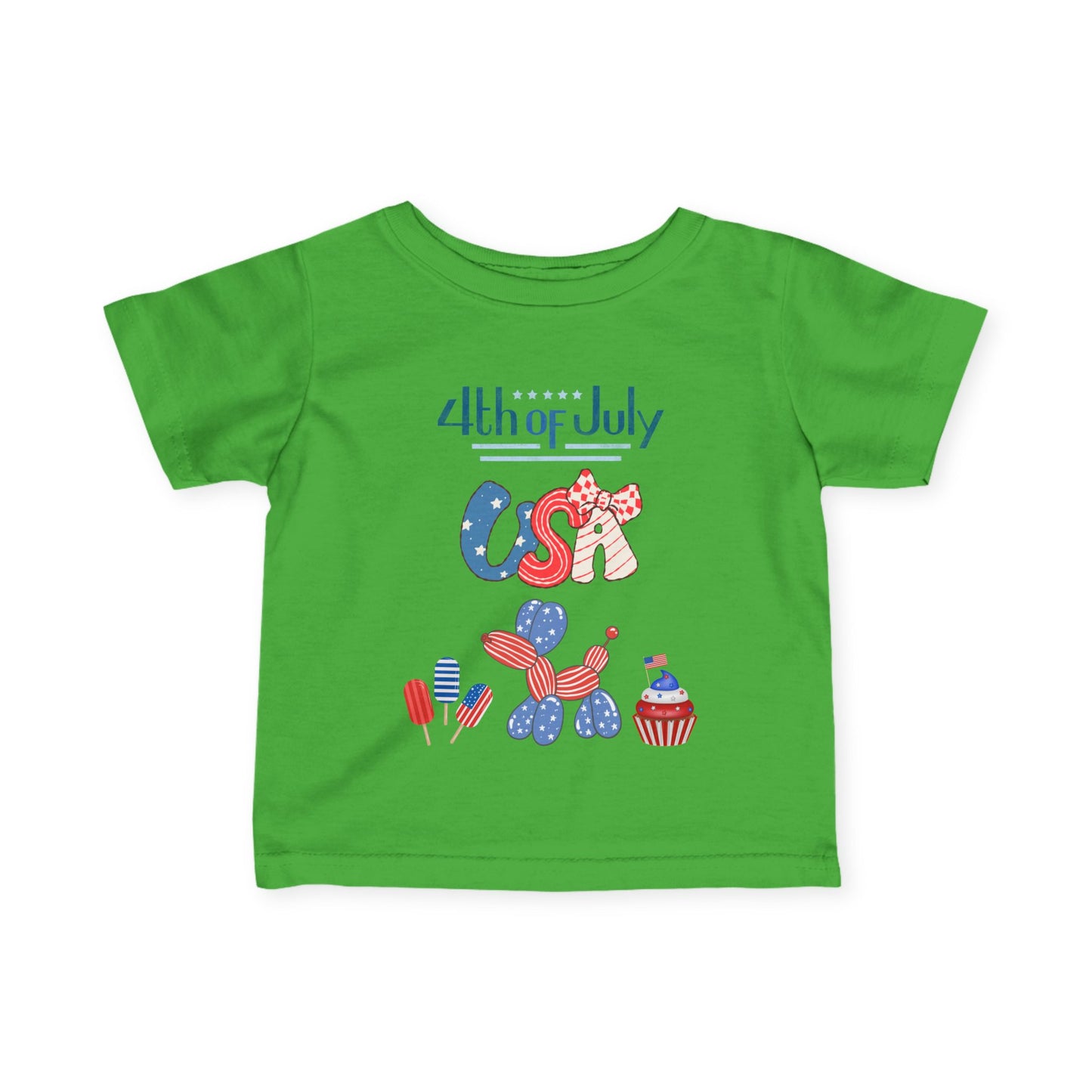 4th of July Infant Tee — USA Patriotic Baby Shirt with Flag Bow & Cupcake
