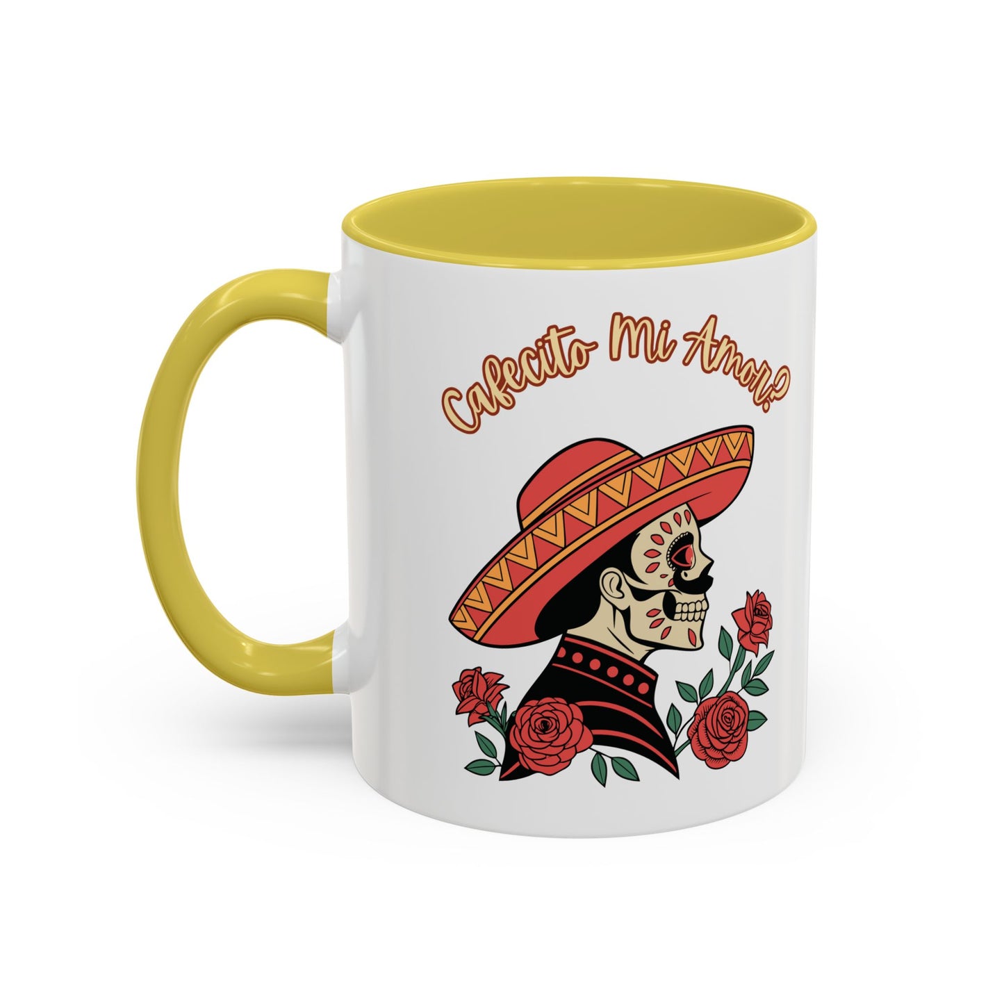 "Cafecito Mi Amor?" -El Hombre, Sugar Skull Style, White Ceramic Mugs with Colorful Accents (11oz/15oz)
