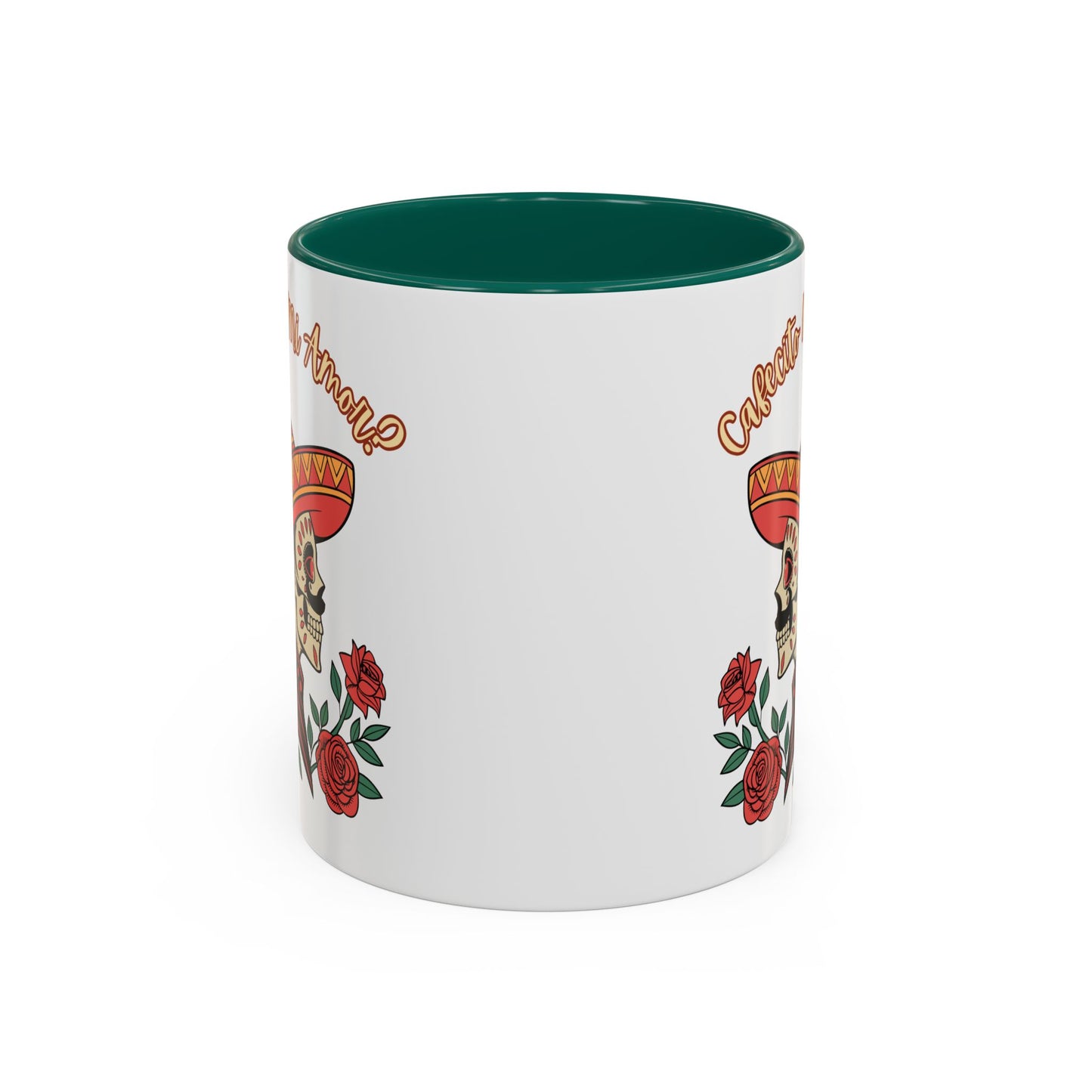 "Cafecito Mi Amor?" -El Hombre, Sugar Skull Style, White Ceramic Mugs with Colorful Accents (11oz/15oz)
