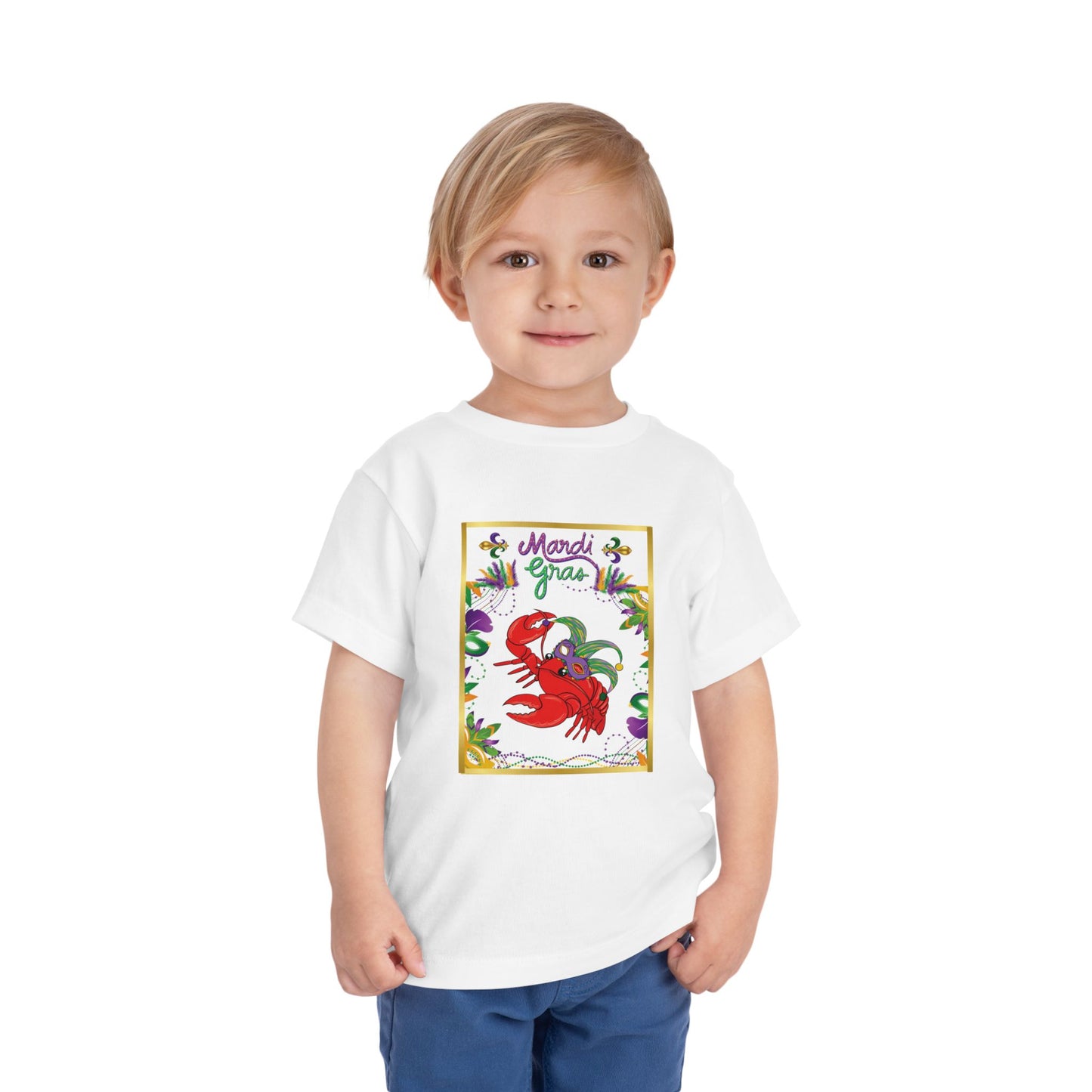"Mardi Gras Crawfish" Toddler Short Sleeve Tee — Festive Masked Bright Red Crawfish Ready for Carnival!