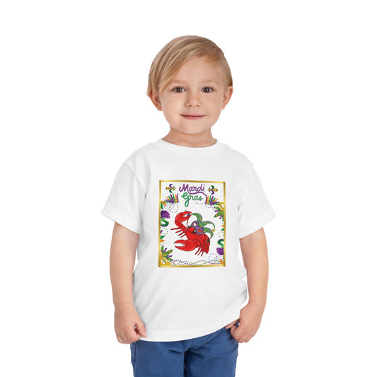 "Mardi Gras Crawfish" Toddler Short Sleeve Tee — Festive Masked Bright Red Crawfish Ready for Carnival!
