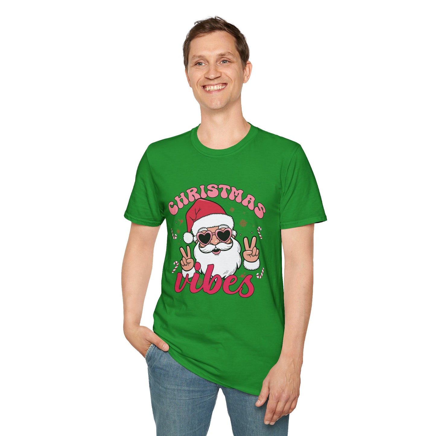 "Christmas Vibes"  Smiling Santa Holiday Unisex T-Shirt.  Cool(Tan)Santa Wearing His Shades And Sharing A "Peace Sign".