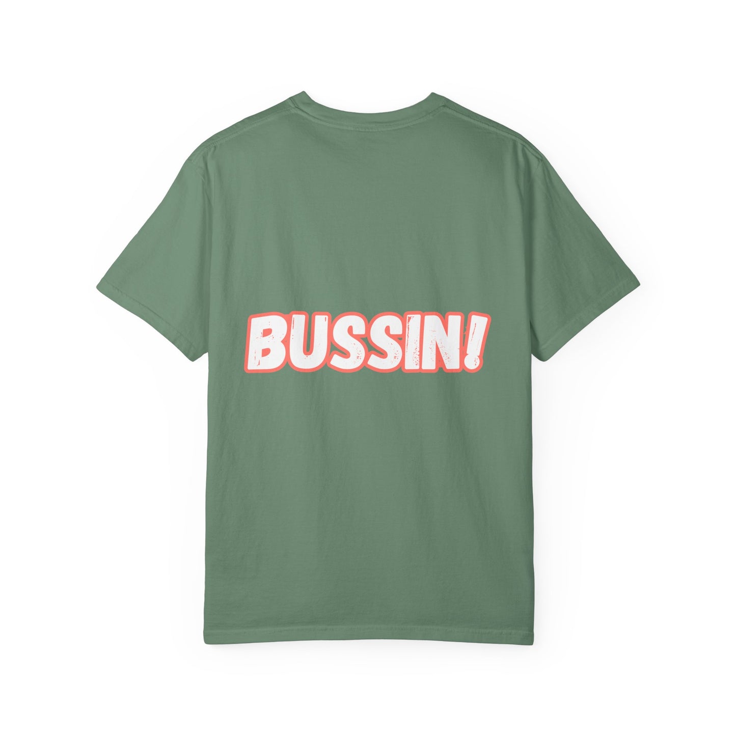 "BUSSIN!" Casual Graphic T-Shirt with Fun Emoji and 'Bussin!' Slogan-Front and Back Designs, Respectively