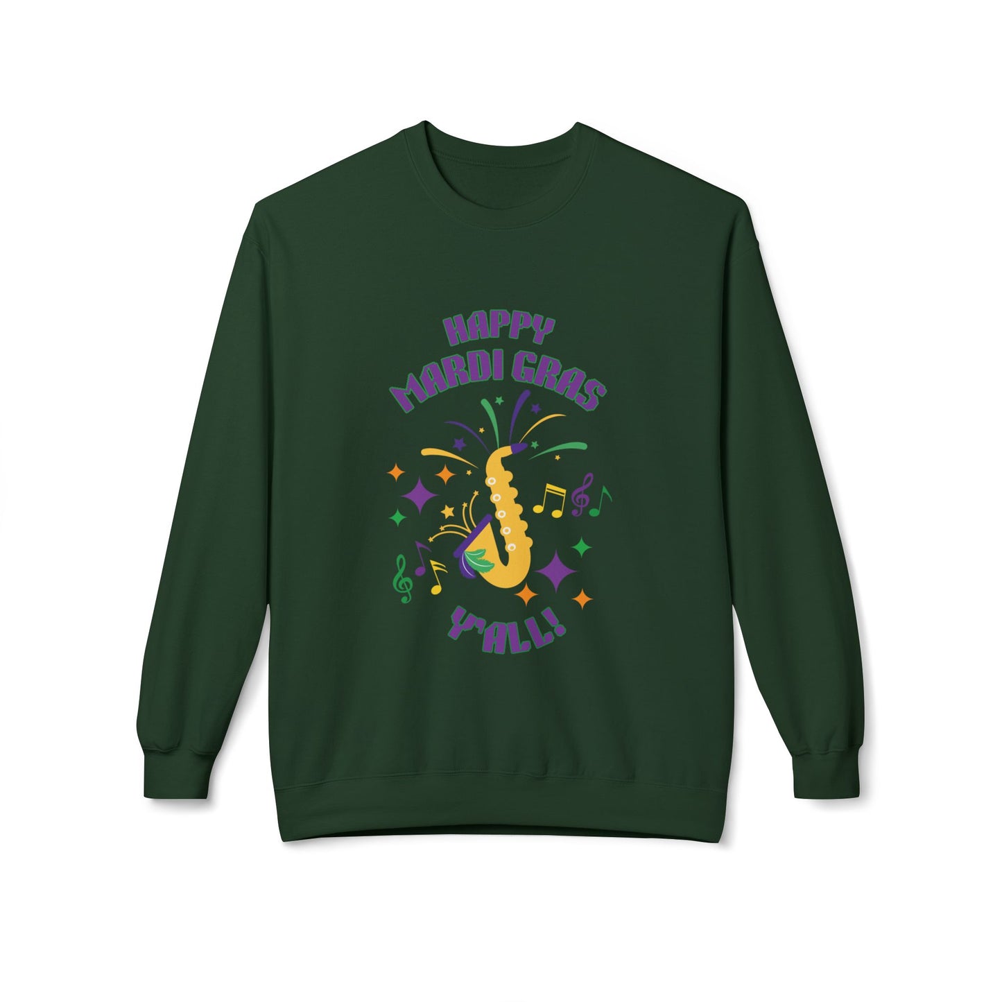 "Happy Mardi Gras Y'all"  Midweight Crewneck Sweatshirt.  Let This Colorful Unisex Sweatshirt Help You Revel In Style!