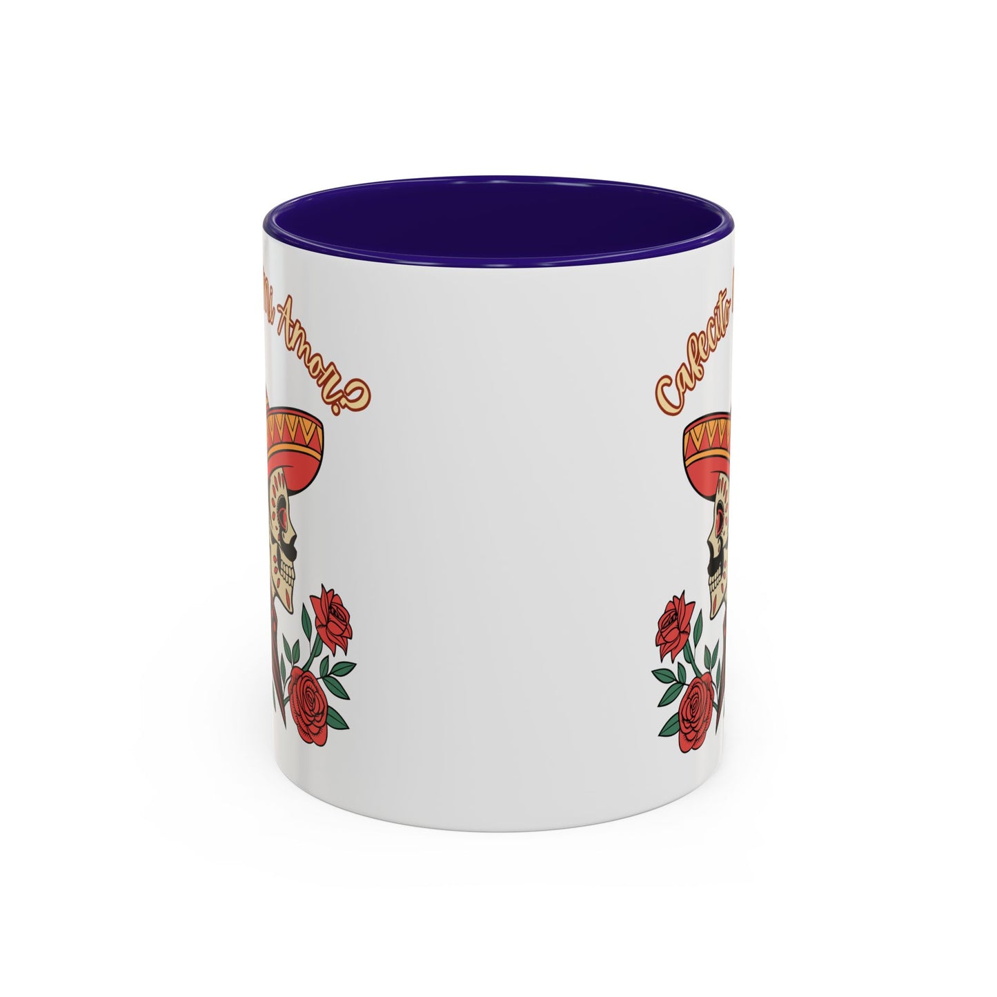 "Cafecito Mi Amor?" -El Hombre, Sugar Skull Style, White Ceramic Mugs with Colorful Accents (11oz/15oz)