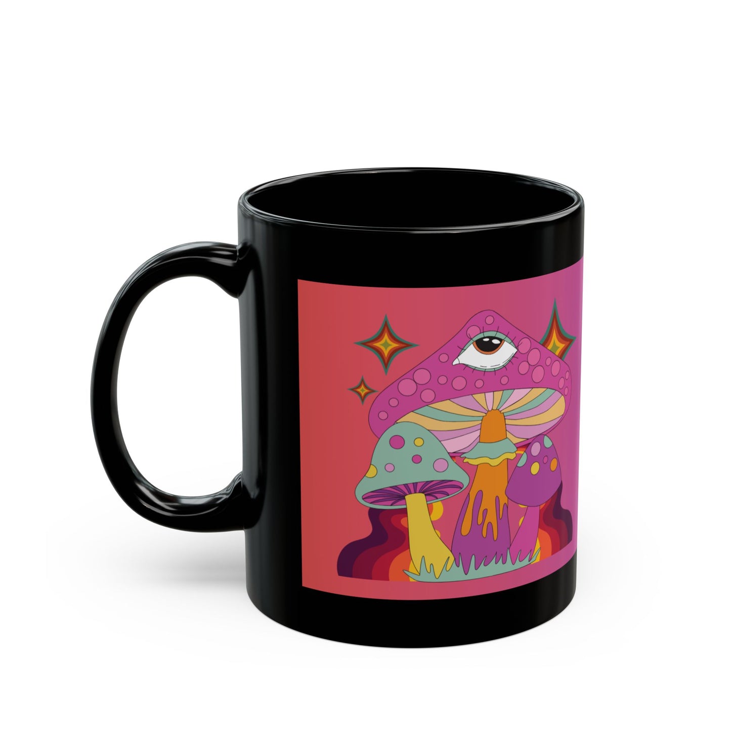 "Groovy Ombre Mushroom" Mug,  Black Ceramic Coffee Mugs In 15oz & 11oz