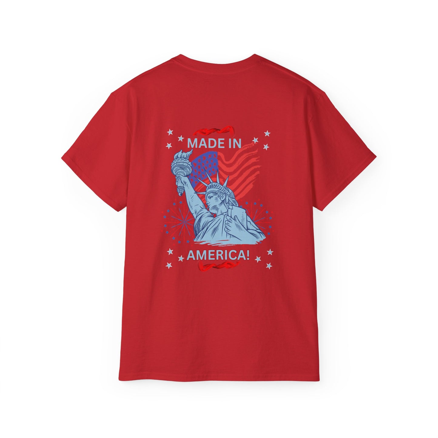 Statue of Liberty Patriotic T-Shirt — "Made In America -Happy Anniversary 1776-2026"  Front & Back Design