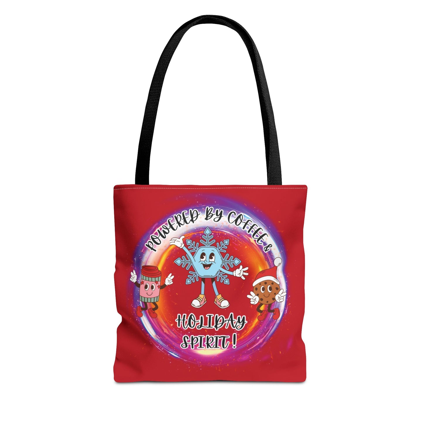 "Powered By Coffee And Holiday Spirit "  Red Tote Bag  with Colored Straps