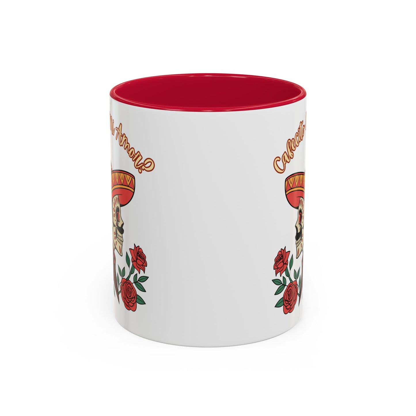 "Cafecito Mi Amor?" -El Hombre, Sugar Skull Style, White Ceramic Mugs with Colorful Accents (11oz/15oz)