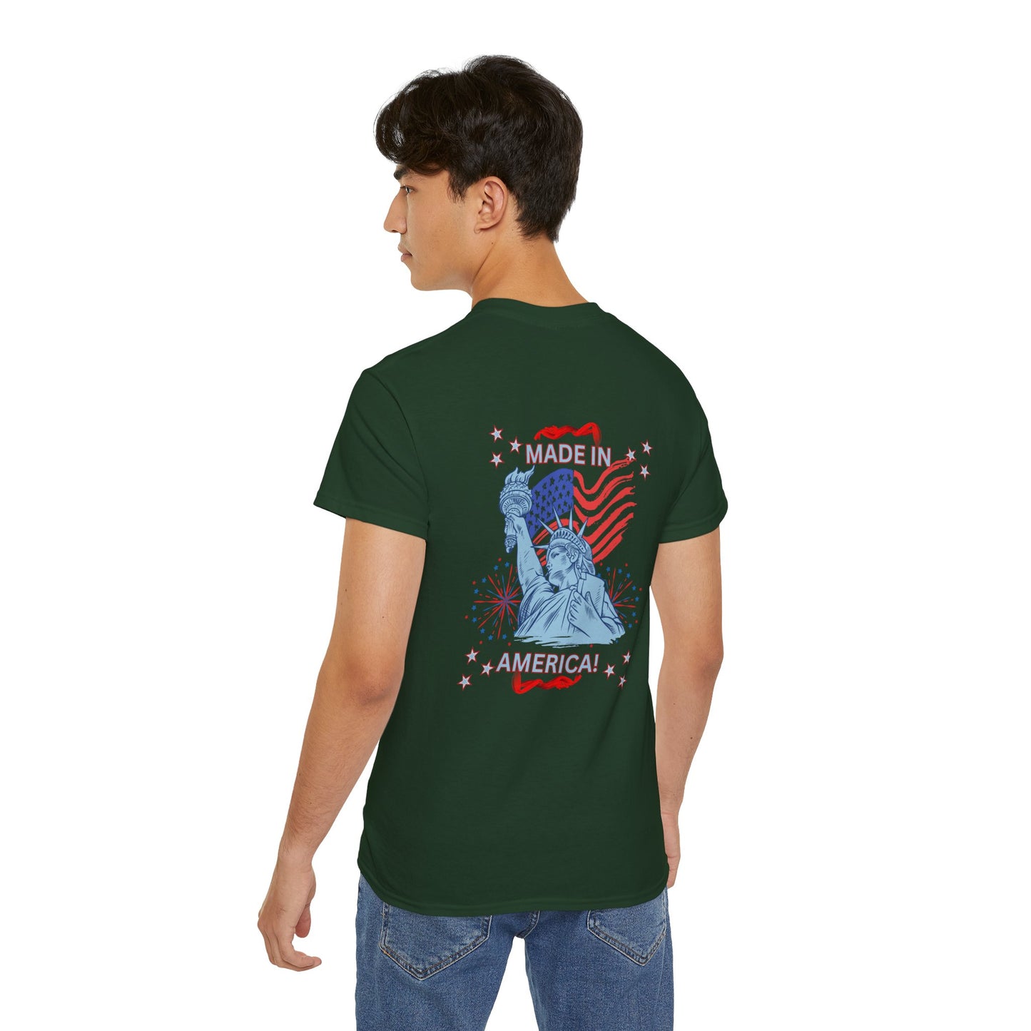 Statue of Liberty Patriotic T-Shirt — "Made In America -Happy Anniversary 1776-2026"  Front & Back Design
