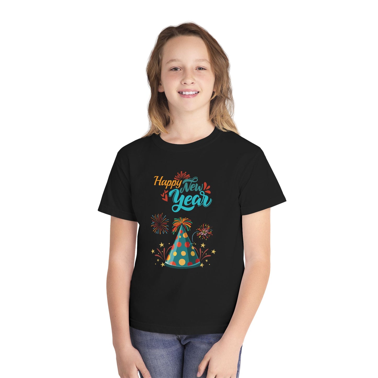 "Happy New Year -Party Hat and Fireworks" Kids/Youth T-Shirt .  A Fun, Colorful Tee For The Kids To Wear When Celebrating The New Year!
