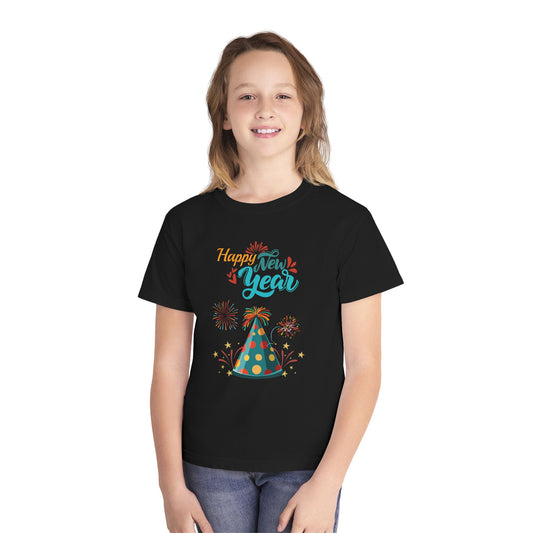 "Happy New Year -Party Hat and Fireworks" Kids/Youth T-Shirt .  A Fun, Colorful Tee For The Kids To Wear When Celebrating The New Year!