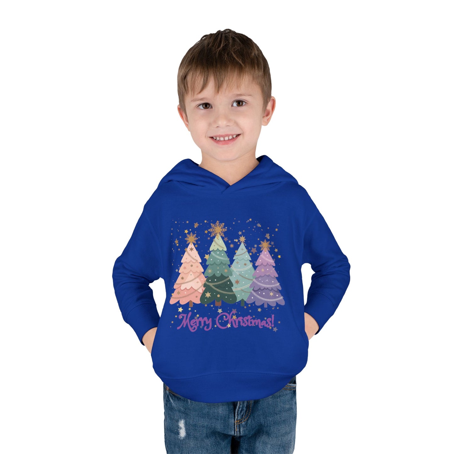 "Merry Xmas" Toddler Hoodie — Pastel Paper-Cut Christmas Trees with Gold Stars