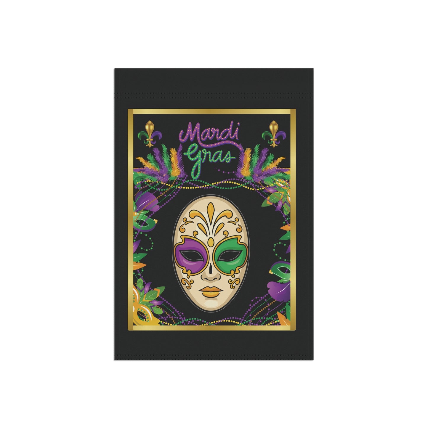 "Mardi Gras Mask",  12in x 18in  Black Garden Flag – Beautiful Beaded Mask And Carnival Colored Accents Help Celebrate Mardi Gras!