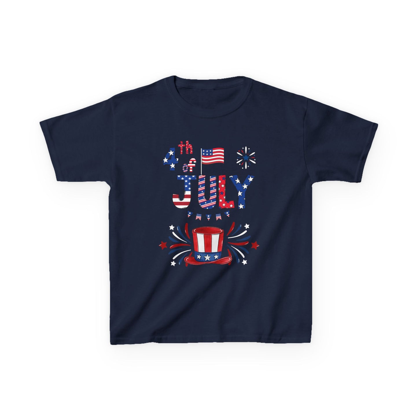 Kids "4th of July" Patriotic Boxy Tee — Celebrate This Special Day With Fireworks & A Vibrant Uncle Sam Hat!