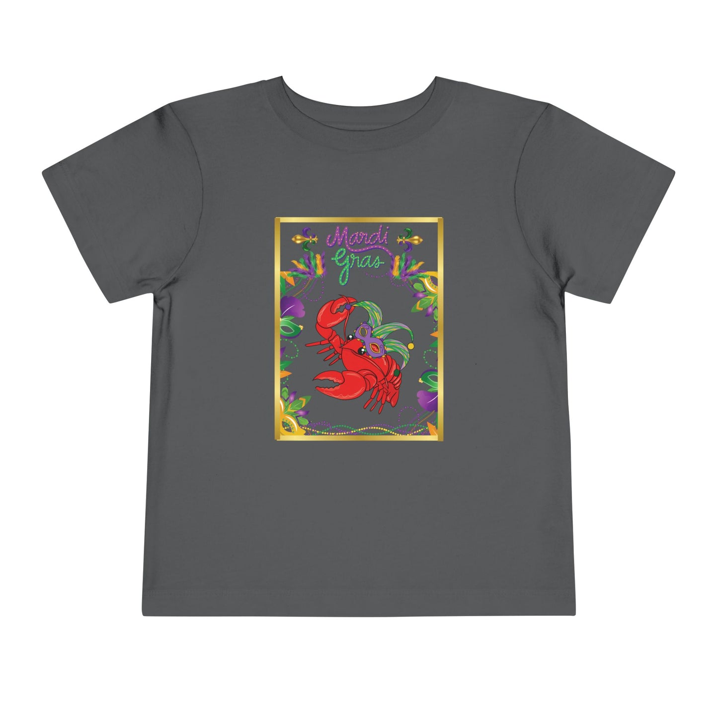 "Mardi Gras Crawfish" Toddler Short Sleeve Tee — Festive Masked Bright Red Crawfish Ready for Carnival!