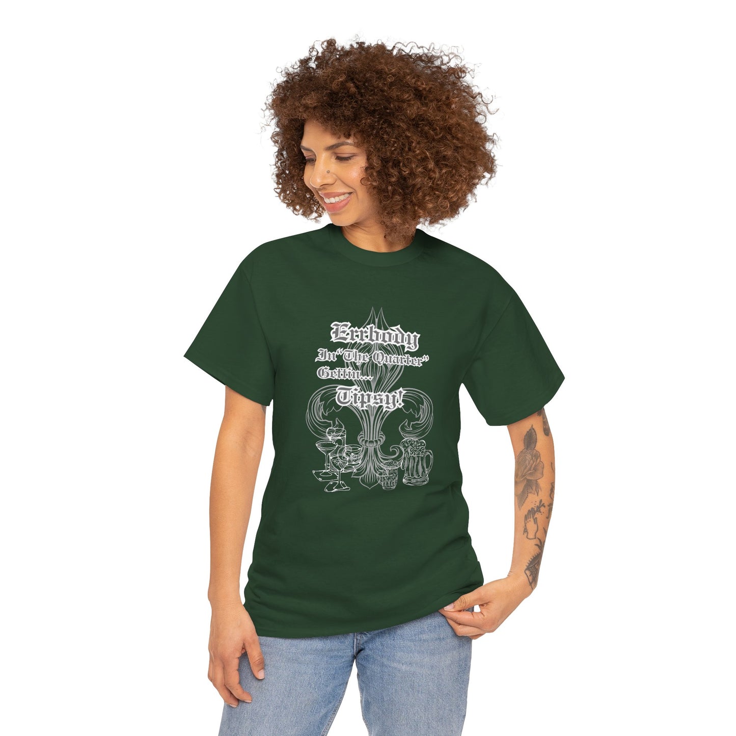 "Err Body In The Quarter Gettin Tipsy" White Text-Drinkware Des, Unisex Heavy Cotton Tee