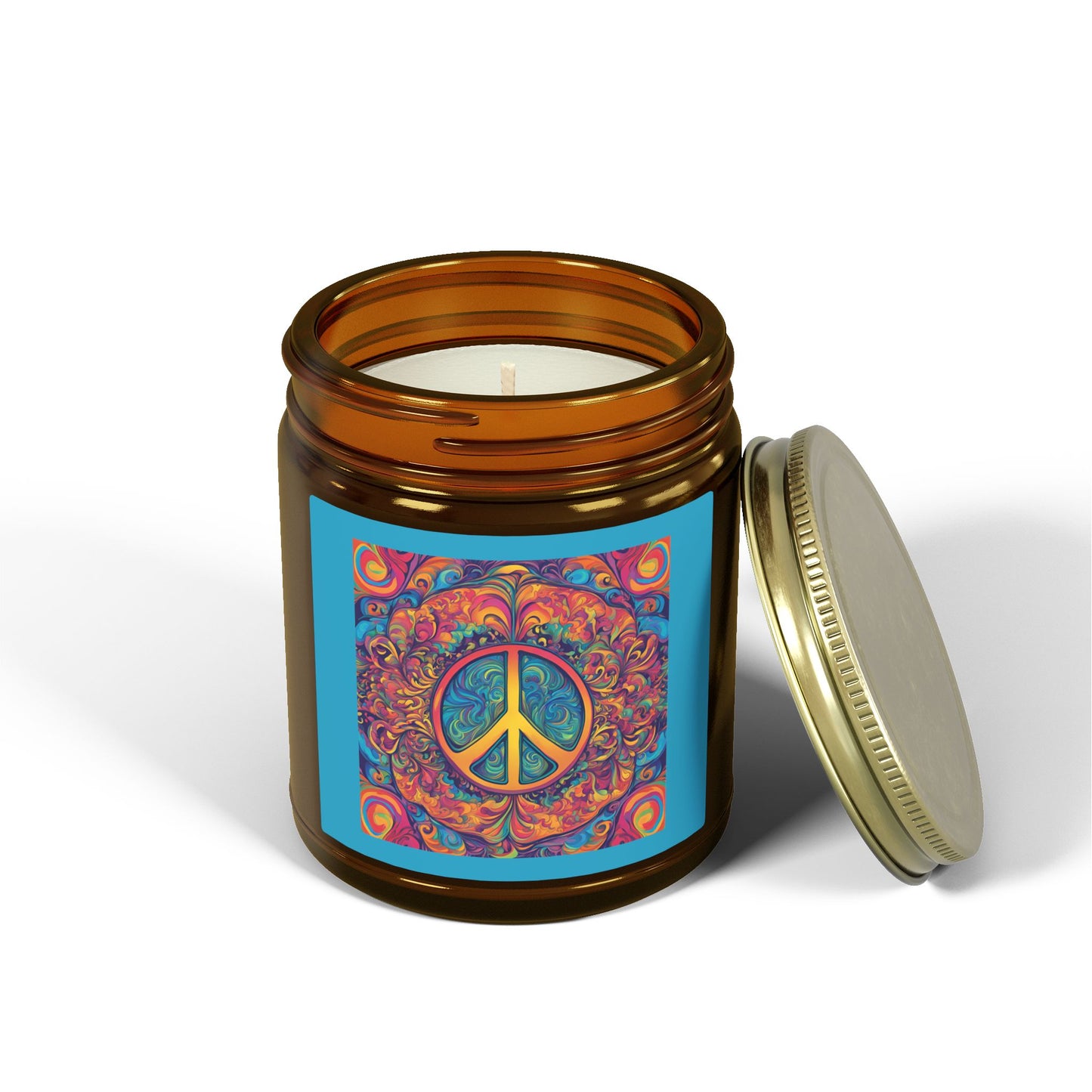 "Psychedelic Peace Sign" Amber Glass Scented Candle  with Coconut Apricot Wax (4oz & 9oz) —A Groovy Scented Candle Label, 4 Warm Scents
