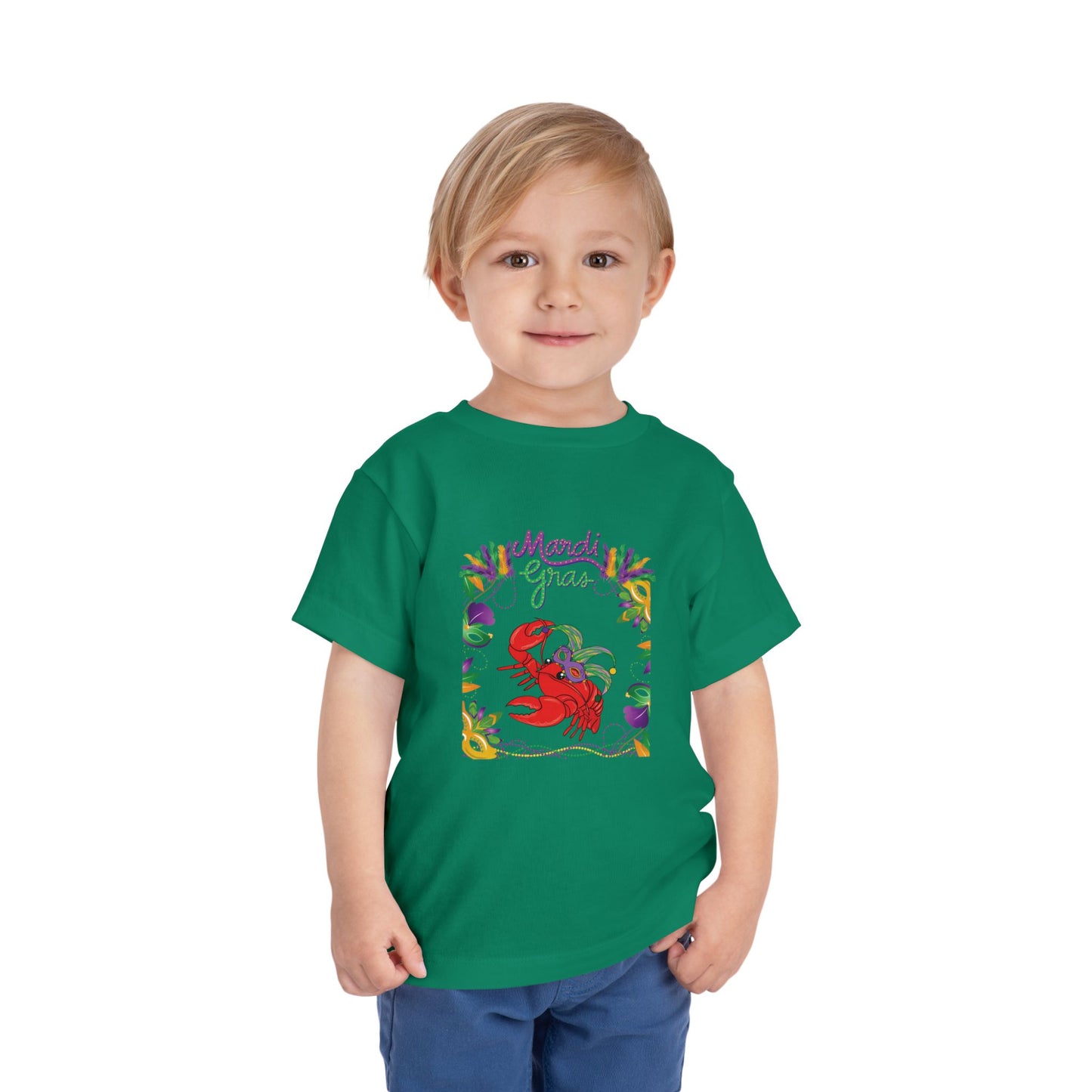 "Mardi Gras Crawfish" Toddler Short Sleeve Tee — Festive Masked Crawfish in Purple, Green & Gold!