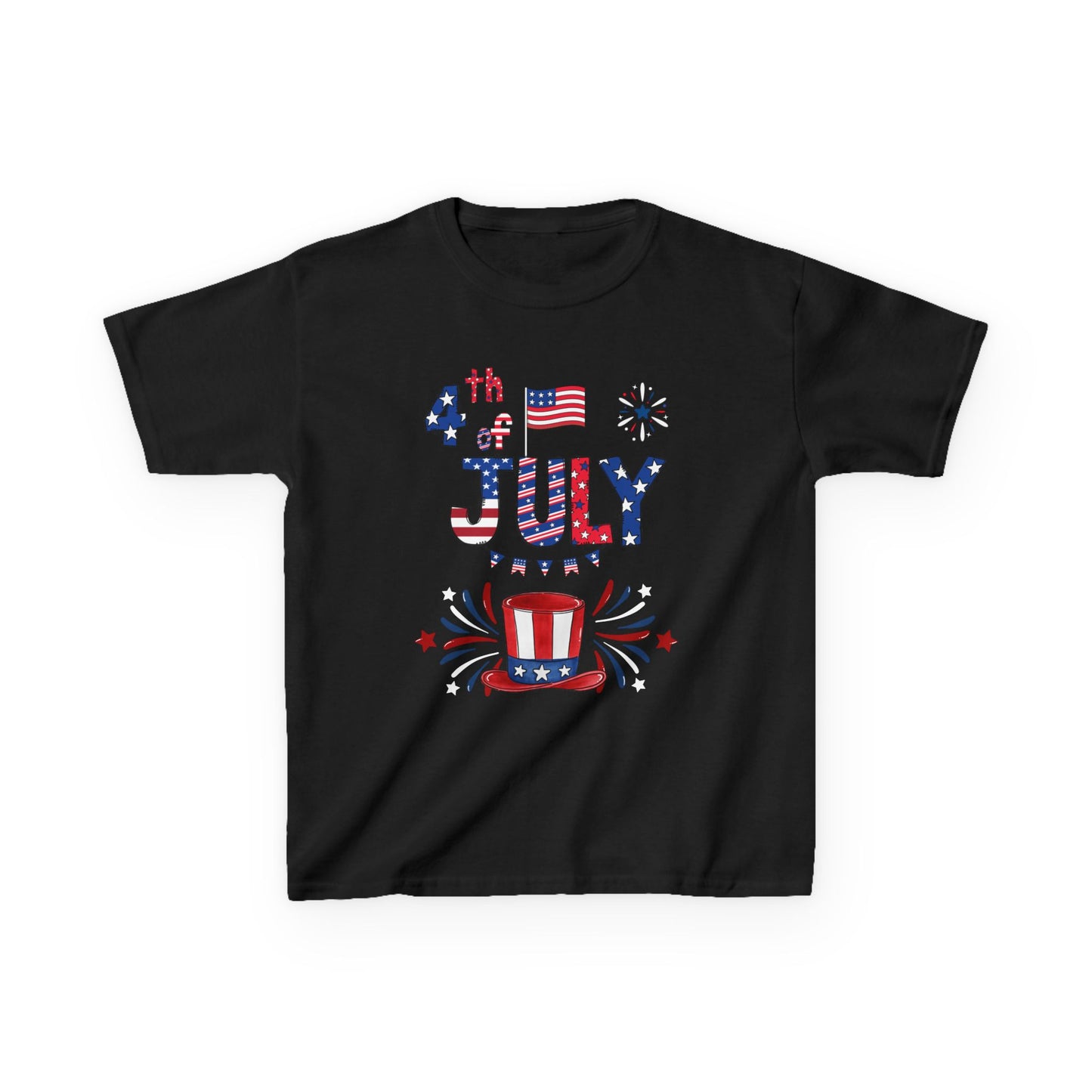 Kids "4th of July" Patriotic Boxy Tee — Celebrate This Special Day With Fireworks & A Vibrant Uncle Sam Hat!