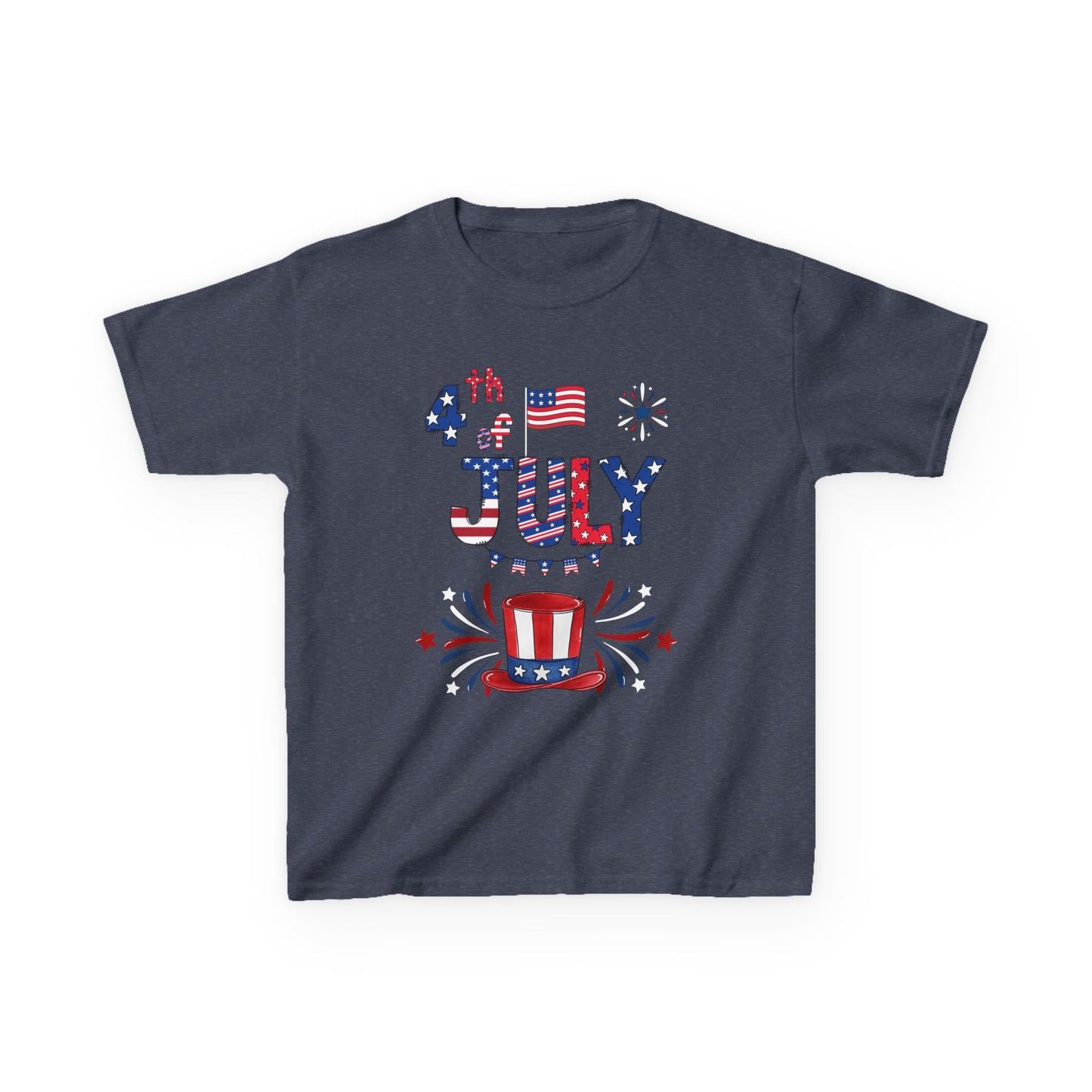 Kids "4th of July" Patriotic Boxy Tee — Celebrate This Special Day With Fireworks & A Vibrant Uncle Sam Hat!
