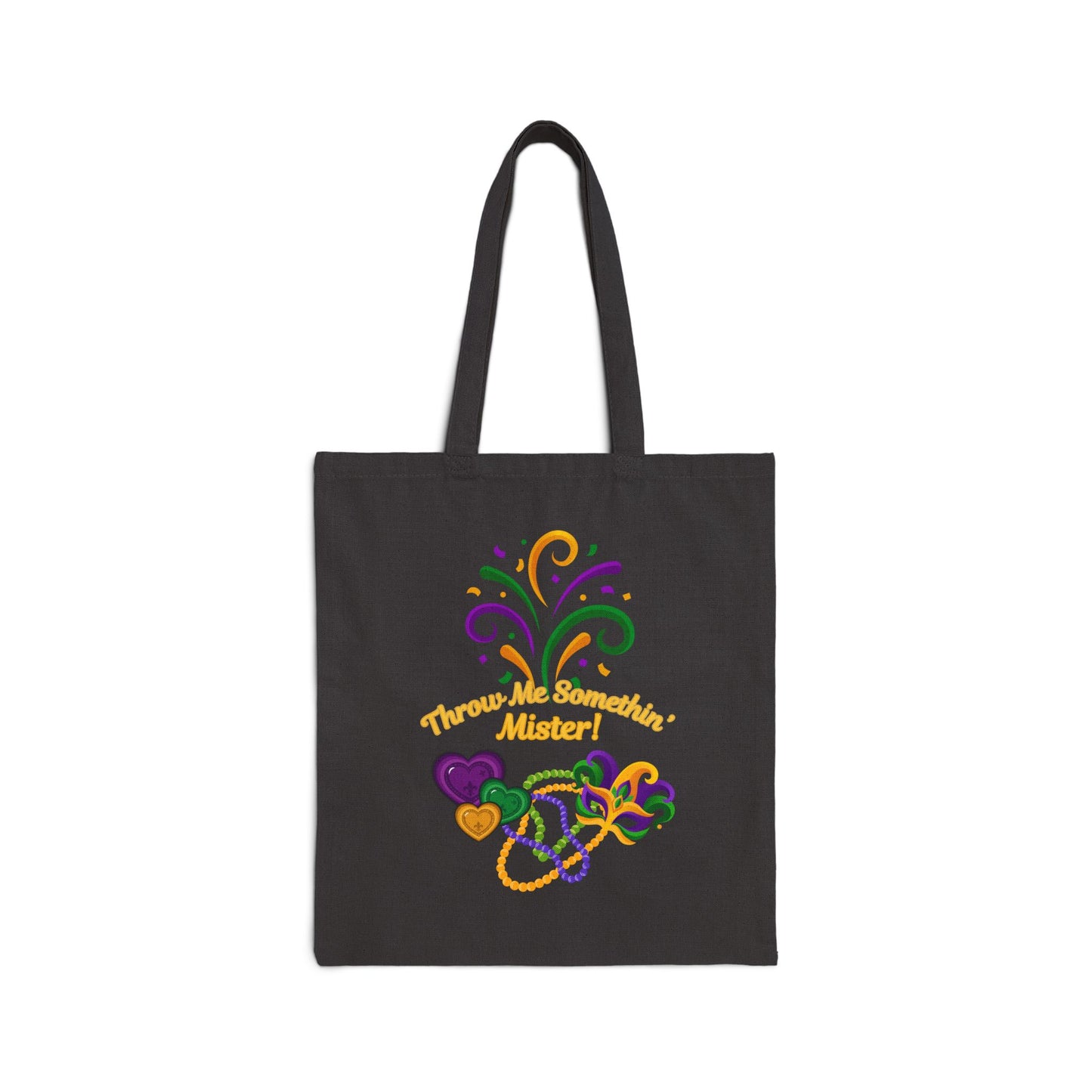 "Throw Me Somethin' Mister" Cotton Canvas Mardi Gras  Tote Bag in Black.  A Festive Tote Festive For The Carnival Goodies!