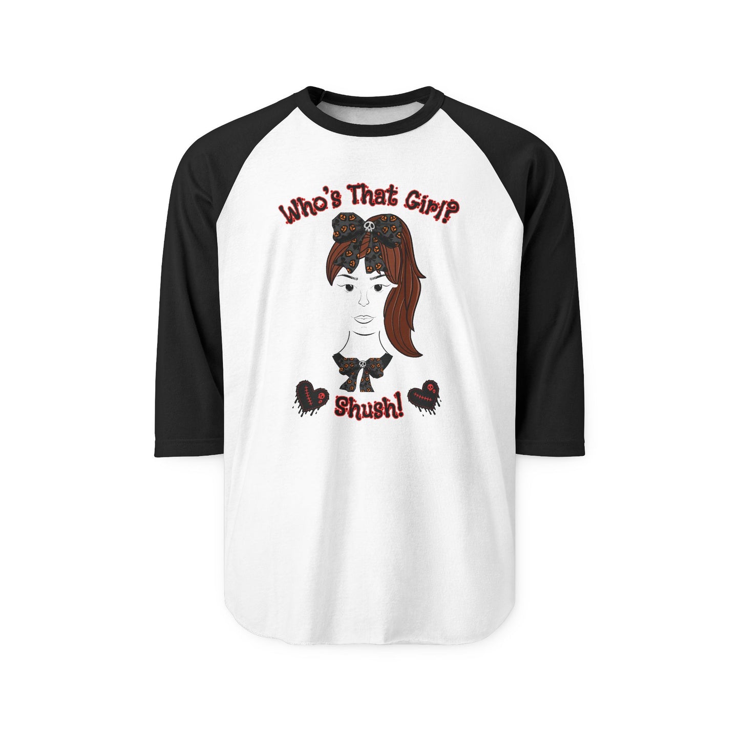 "Who's That Girl?" Unisex Three-Quarter Sleeve Raglan Shirt. A perfect "Goth" Gift!