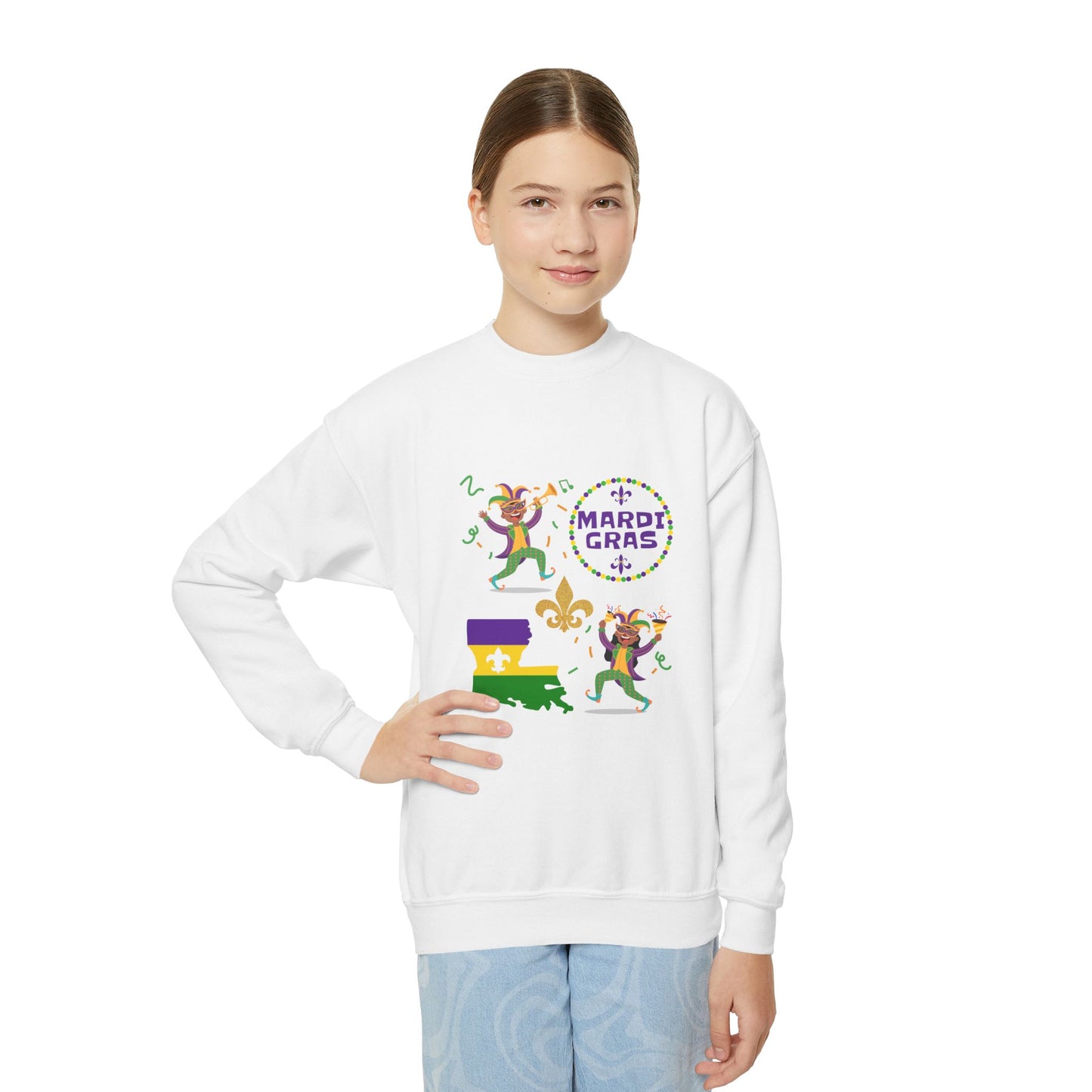 "Mardi Gras Kids" Youth Crewneck Sweatshirt — Colorful Beads, Jester Costumes & The State Of Louisiana all in Classic Mardi Gras Colors - Ready For The Parades!