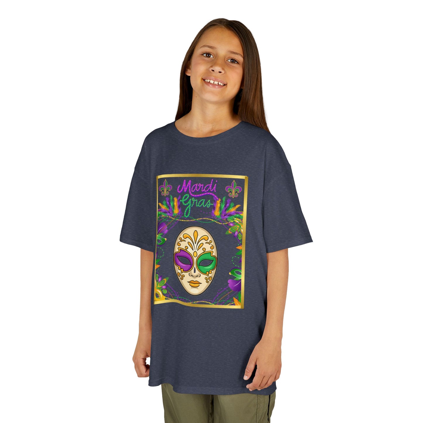 "Mardi  Gras Mask"  Youth Unisex  Boxy T-Shirt.  This Stylish & Colorful Tee Has All The Elements Needed For Carnival Cheer!