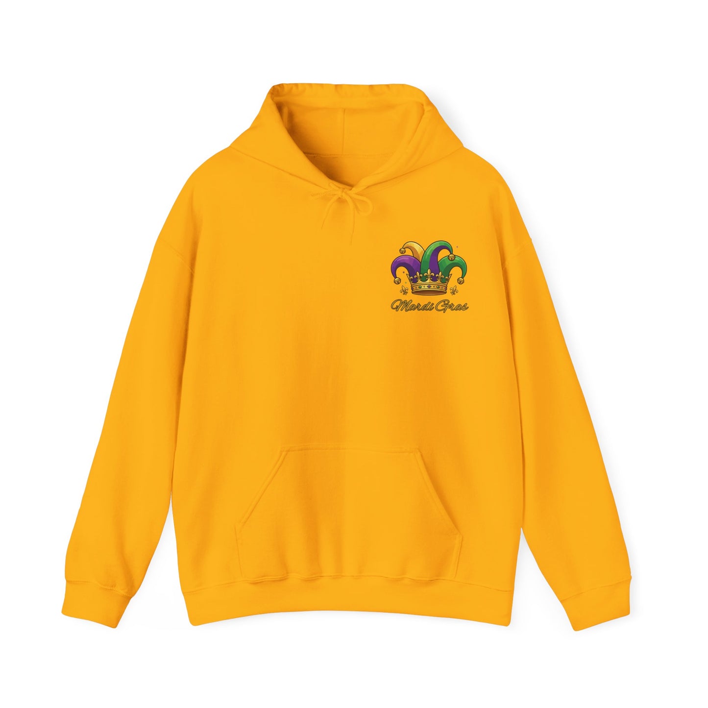 "Mardi Gras Jester Crown" Unisex Pullover Hoodie.  Festive Colorful Front Chest & Bold Back Designs Make This THE Hoodie Of Carnival Season!