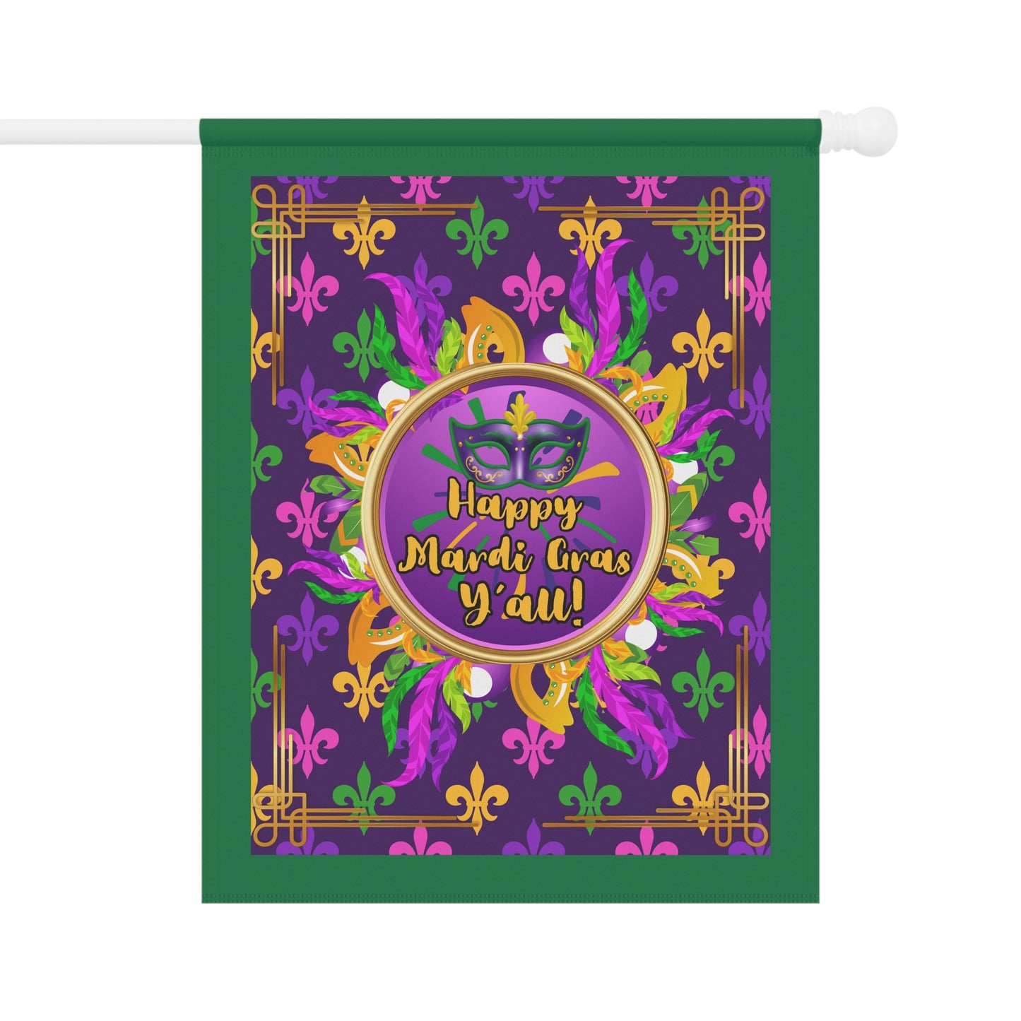 Mardi Gras Paisley Garden Banner — “Happy Mardi Gras Y’all!” Decorative House Flag-Dark Green