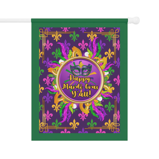 Mardi Gras Paisley Garden Banner — “Happy Mardi Gras Y’all!” Decorative House Flag-Dark Green