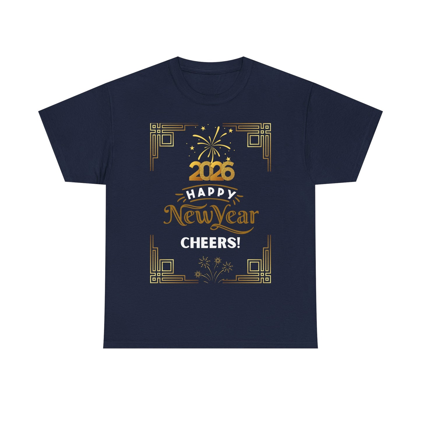 "Happy New Year -Cheers!" 2026  Unisex Midweight T-Shirt- 100 % Cotton — Festive "Art Deco Style" New Years Tee Great for Casual Celebrations or Parties While Ringing In the New Year!