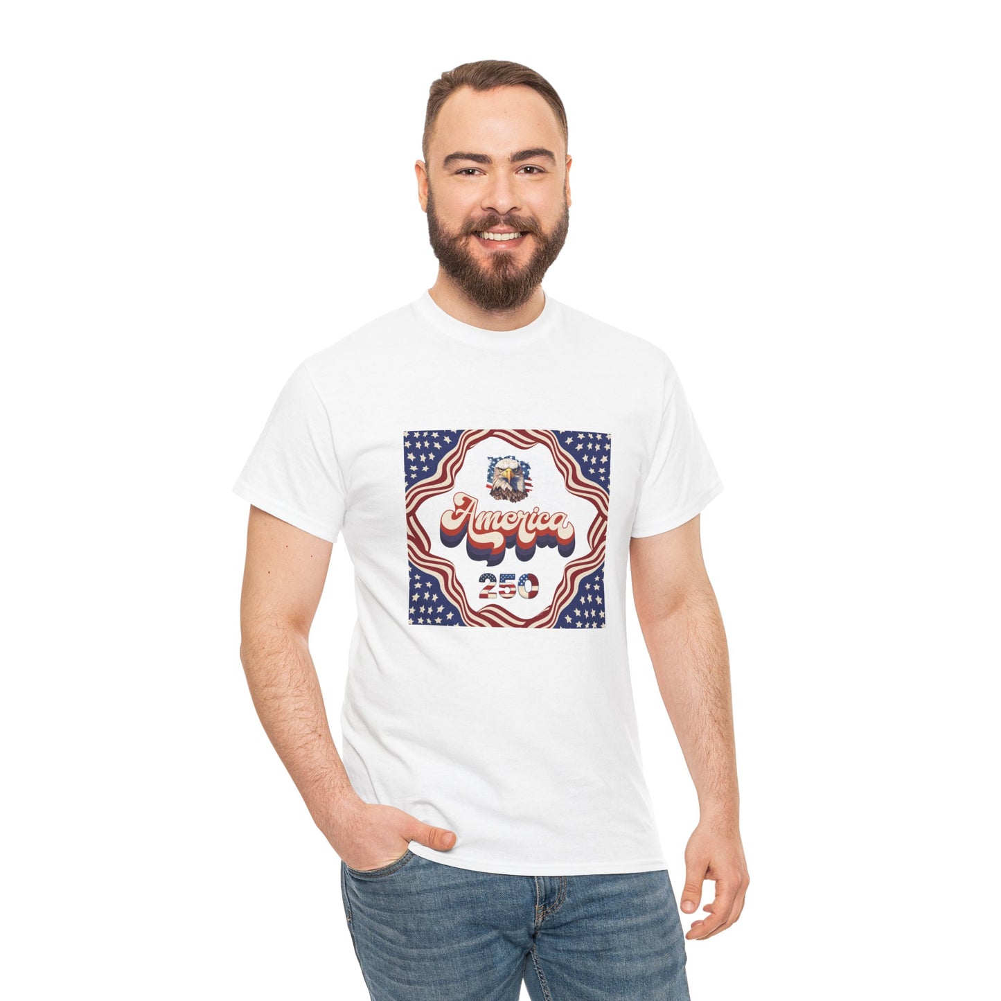 Unisex Heavy Cotton T-Shirt — Retro "America 250" Patriotic Eagle Graphic: 4th of July Celebration Tee