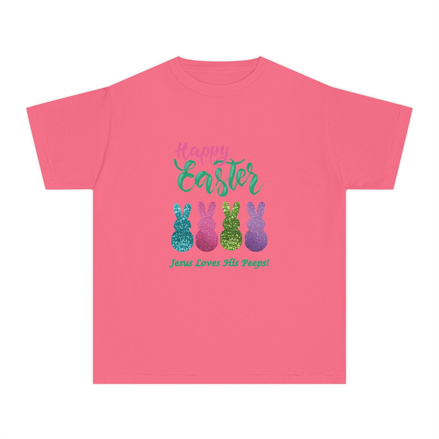 Easter Bunny Youth Tee — "Happy Easter" Christian Kids/Youth Shirt (Jesus Loves His Peeps)