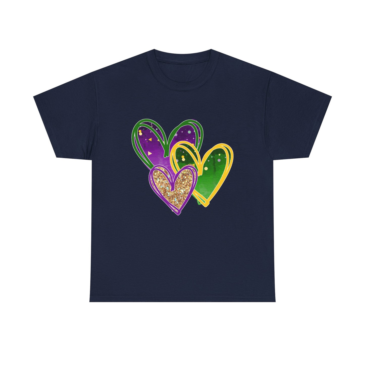 "Mardi Gras Hearts"  Unisex Adult Cotton Tee — Purple, Gold & Green Carnival Shirt.  It's Time To Party!