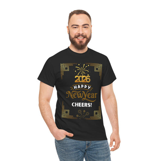 "Happy New Year -Cheers!" 2026  Unisex Midweight T-Shirt- 100 % Cotton — Festive "Art Deco Style" New Years Tee Great for Casual Celebrations or Parties While Ringing In the New Year!