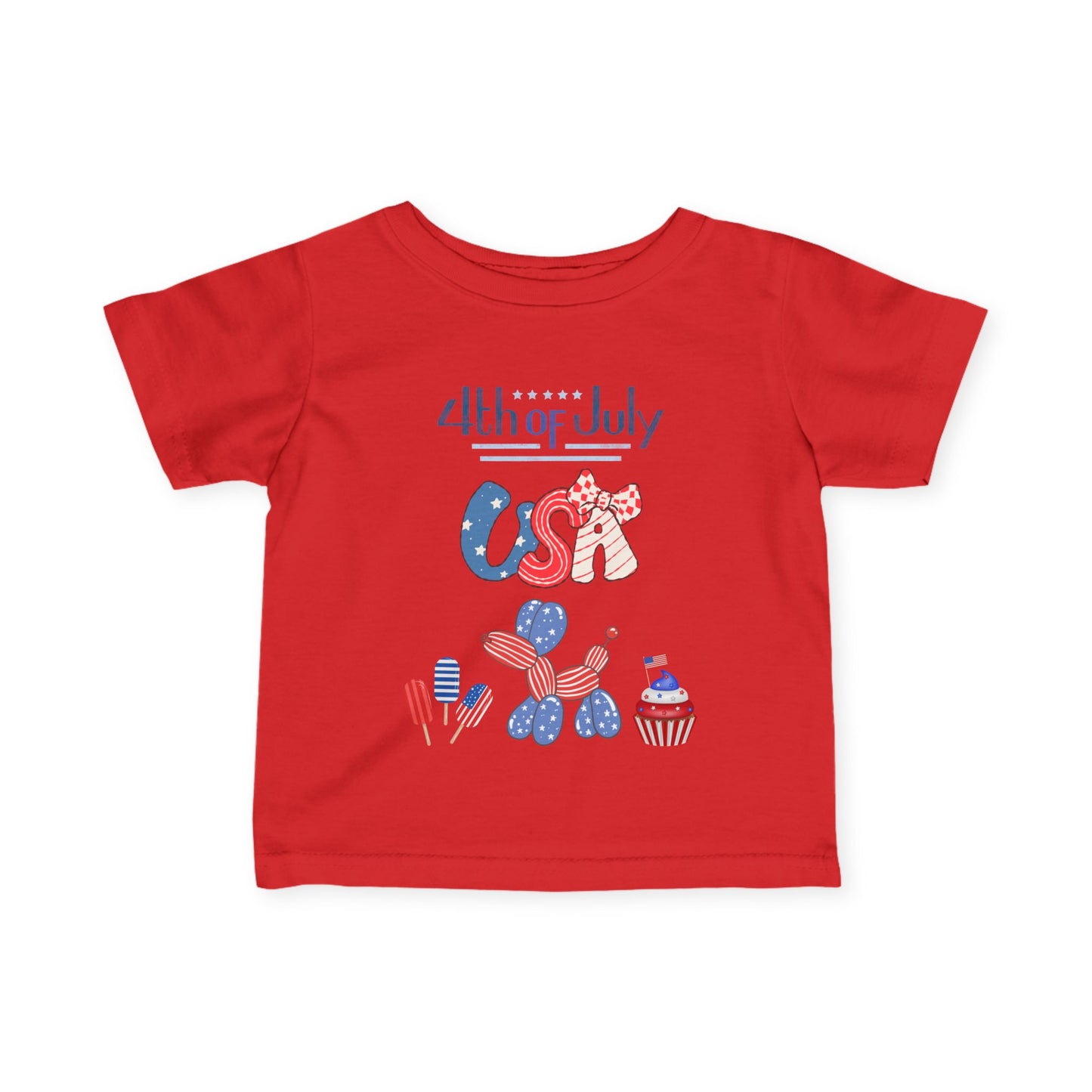 4th of July Infant Tee — USA Patriotic Baby Shirt with Flag Bow & Cupcake