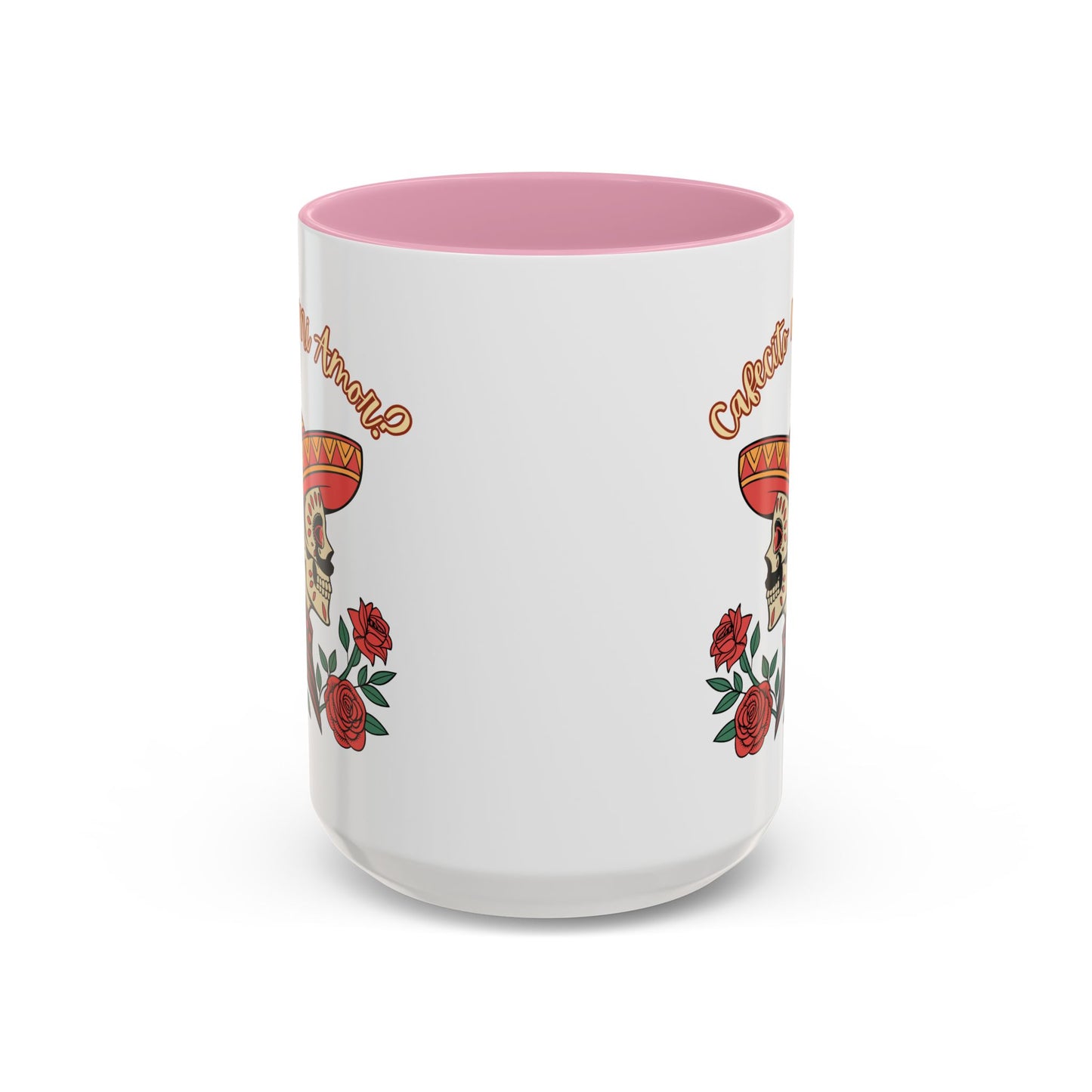 "Cafecito Mi Amor?" -El Hombre, Sugar Skull Style, White Ceramic Mugs with Colorful Accents (11oz/15oz)