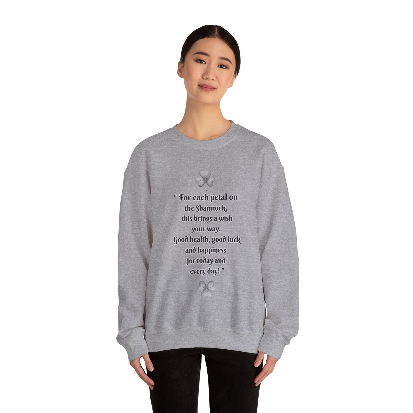 "Irish Blessing(Front)-Shamrock Wiseman(Back)", Unisex Crewneck Sweatshirt— Irish Luck Quote & Rustic Irish Wiseman Surrounded By Clover