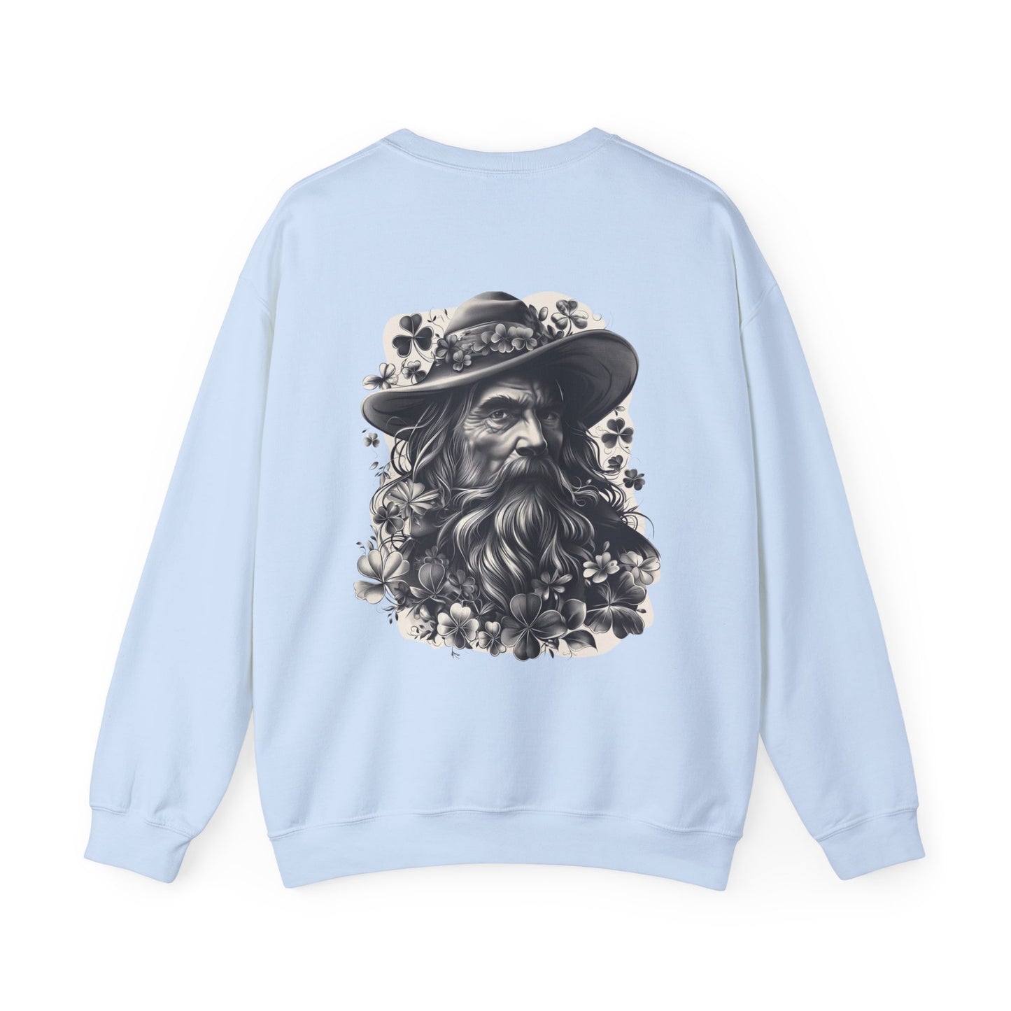 "Irish Blessing(Front)-Shamrock Wiseman(Back)", Unisex Crewneck Sweatshirt— Irish Luck Quote & Rustic Irish Wiseman Surrounded By Clover