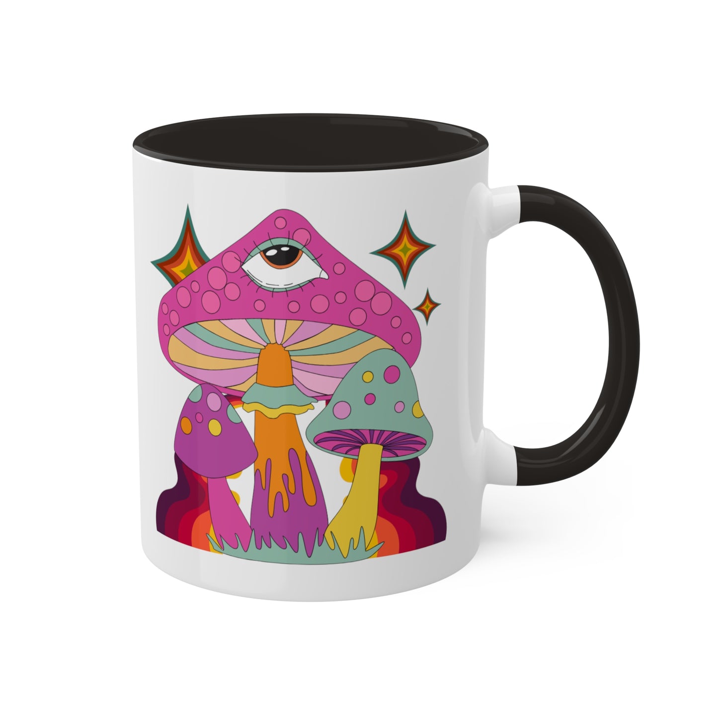 "Groovy Mushrooms" 11 oz White Mug with Colorful Accents