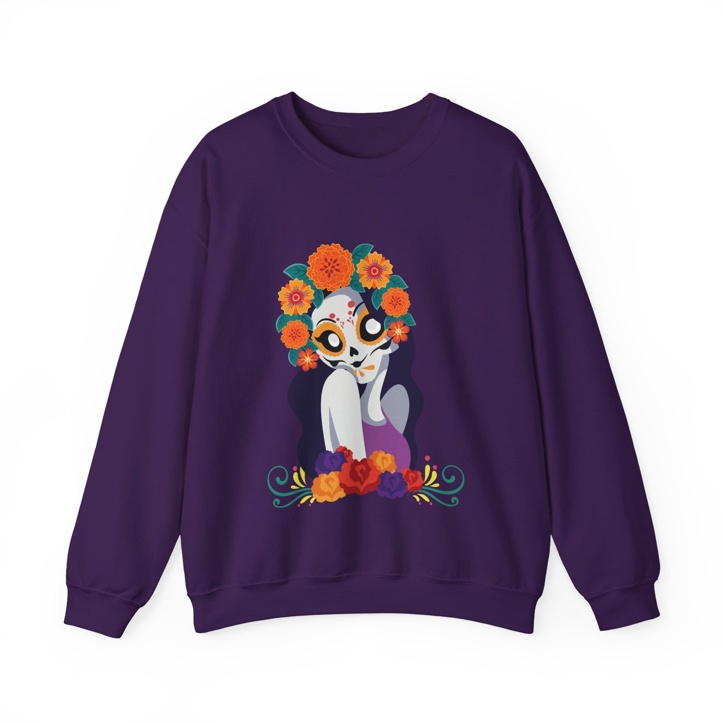 " Katrina Floral Skull"  Unique Crewneck Unisex Sweatshirt. Great for Celebrations like Dia De Los Muertos, Halloween or Any day!