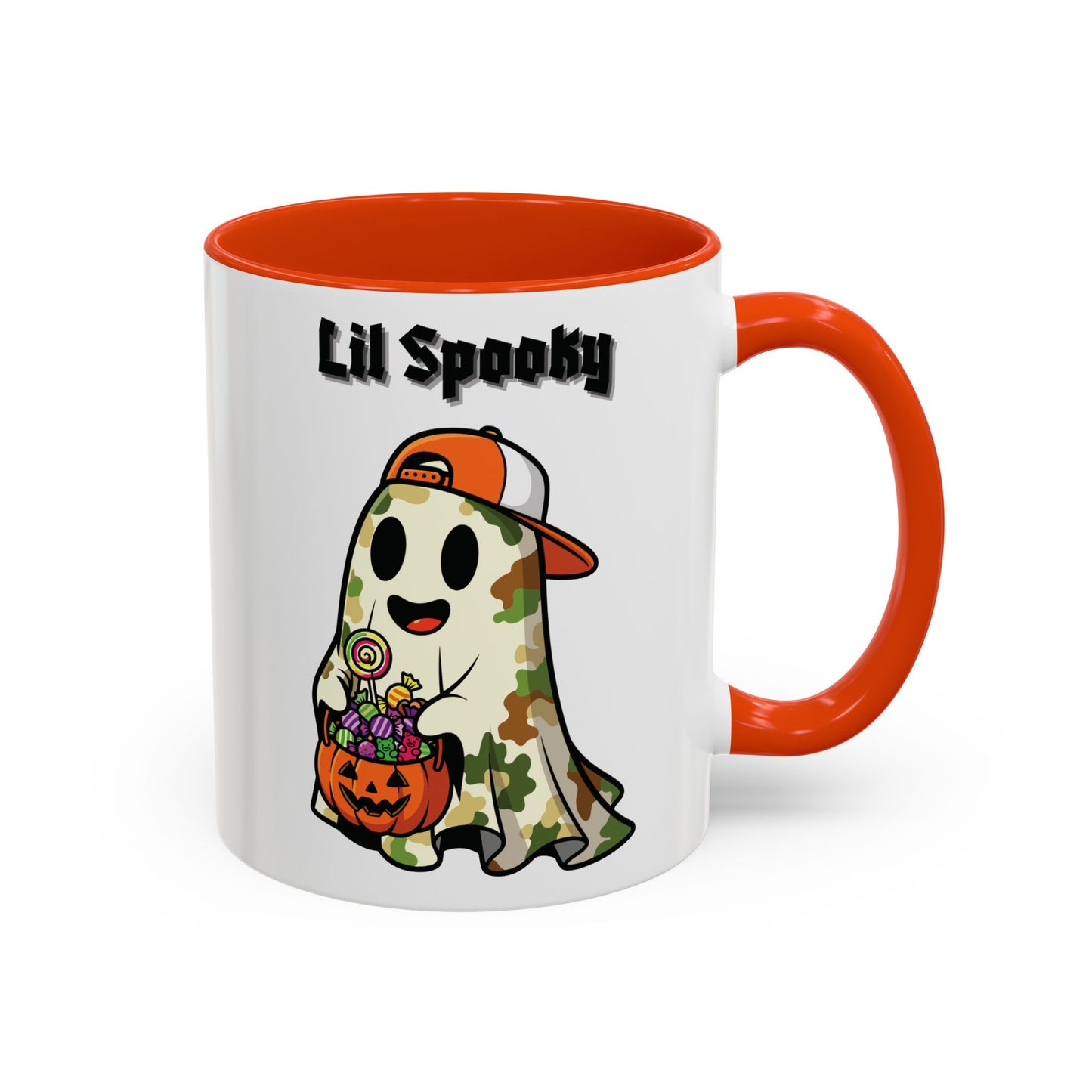 "Lil Spooky"  White Ceramic Halloween Mug With Colorful Accents — Cute Ghost Trick-or-Treat Ceramic Mug (11oz/15oz)